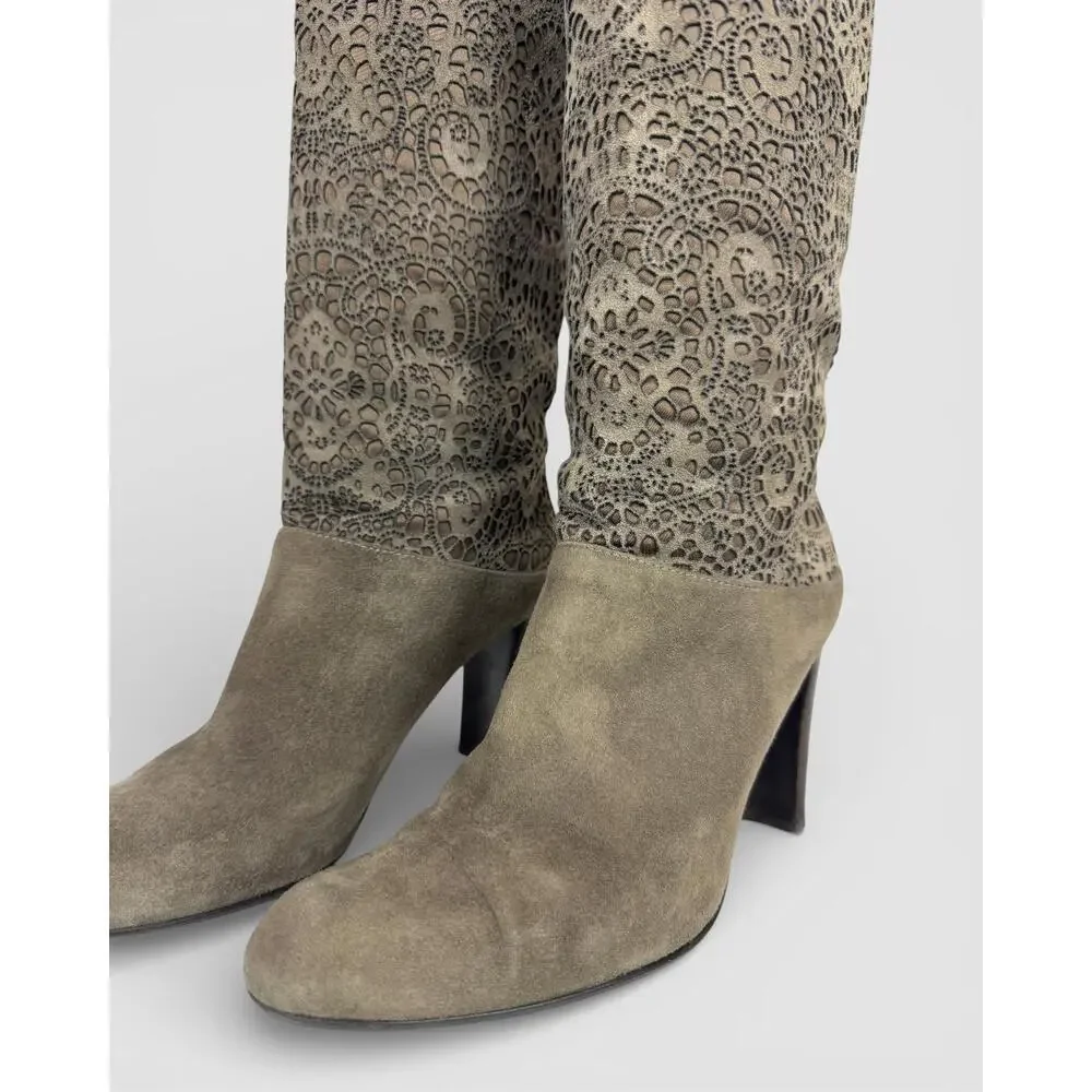 Stuart Weitzman Suede Grey Brown Laser Cut Knee-High Heel Boots